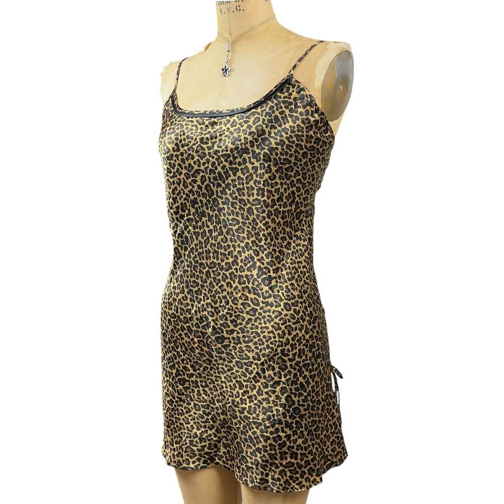 Y2K Leopard Slip Mini Dress Size L Ribbon Ties Hem 2000s Mcbling Indie Coquette - Picture 7 of 8